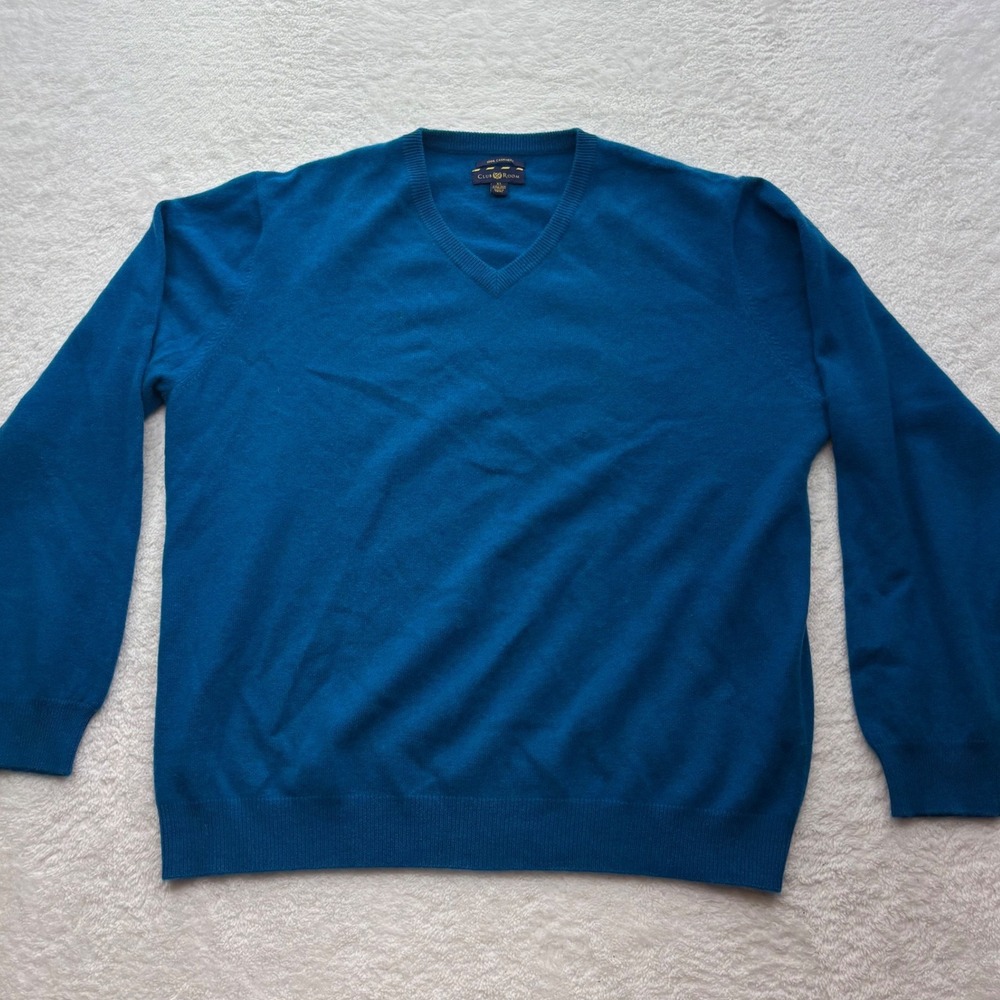 Club Room Mens XL Blue 100% Cashmere 2-Ply V-Neck Long Sleeve Sweater